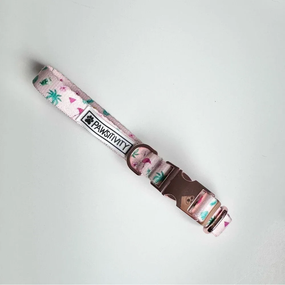 Pawsitivity Pink Pet Collar with Palm Trees Flamingos Rose Gold Clasp